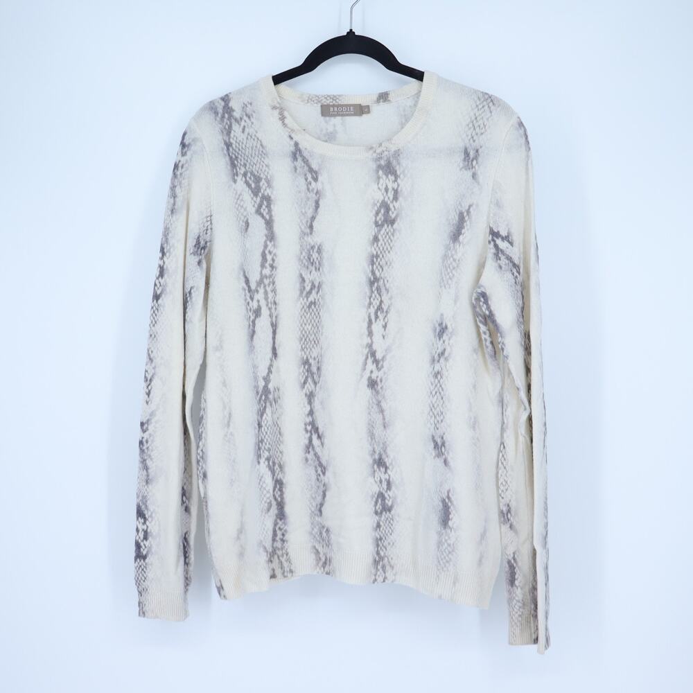 Brodie 100% Cashmere Crewneck Sweater Ivory Snake Print Classic Fit Women's L